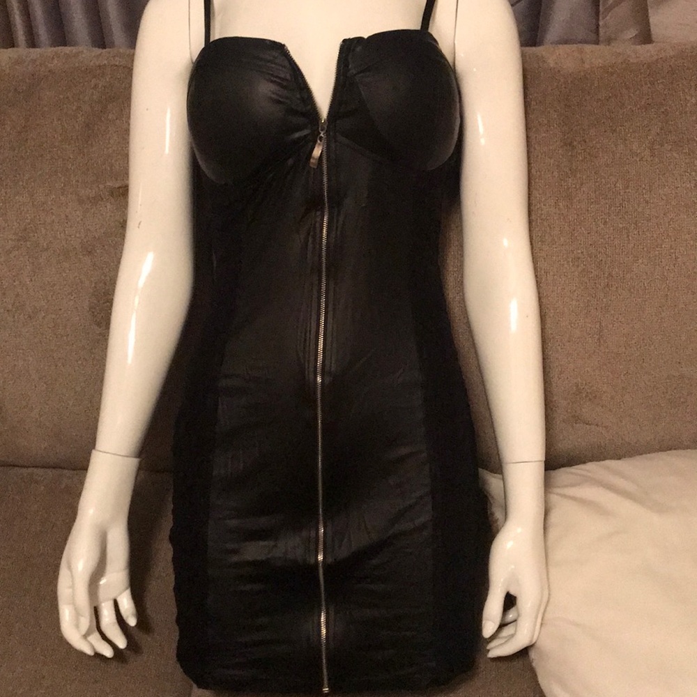 Half leather material half lace black dress
